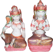 Dewi Sri in cement. Size H38 cm. Price FOB 8,55 usd excl packing. Art. code: CP080 (to the left). Praying Dewi Tara in cement. Size H42 cm. Price FOB 9,05 usd excl packing. Art. code: CP079 (to the right). 