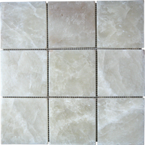 Parquet Mosaic 9,75x9,75 cm Onyx. Order code: PAM4-03A. The onyx is a white color onyx with small pattern of yellow color as shown in the pic. The onyx stone is not molen but instead the edges are made smooth with use of sandpaper. Molen works good on marble material but destroys onyx material.