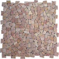 Puzzle Mosaic Interlock Red Marble – The photo shows four tiles put together to show that the interlock system does not show any joints, compared with the square tile. The tiles on the photo are without  cement between the stones.